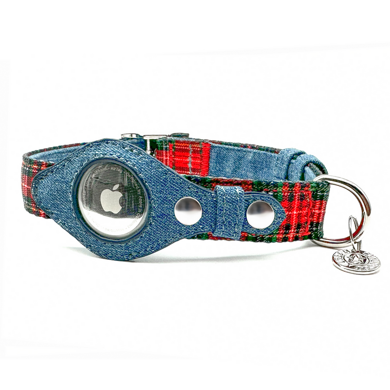 Denim blue pet collar with red tartan strap, Apple AirTag holder and snap hardware D-ring