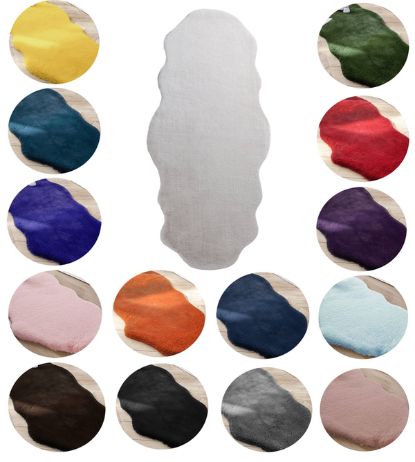 Shaggy plush faux rabbit fur area rug color swatch set, oval shape