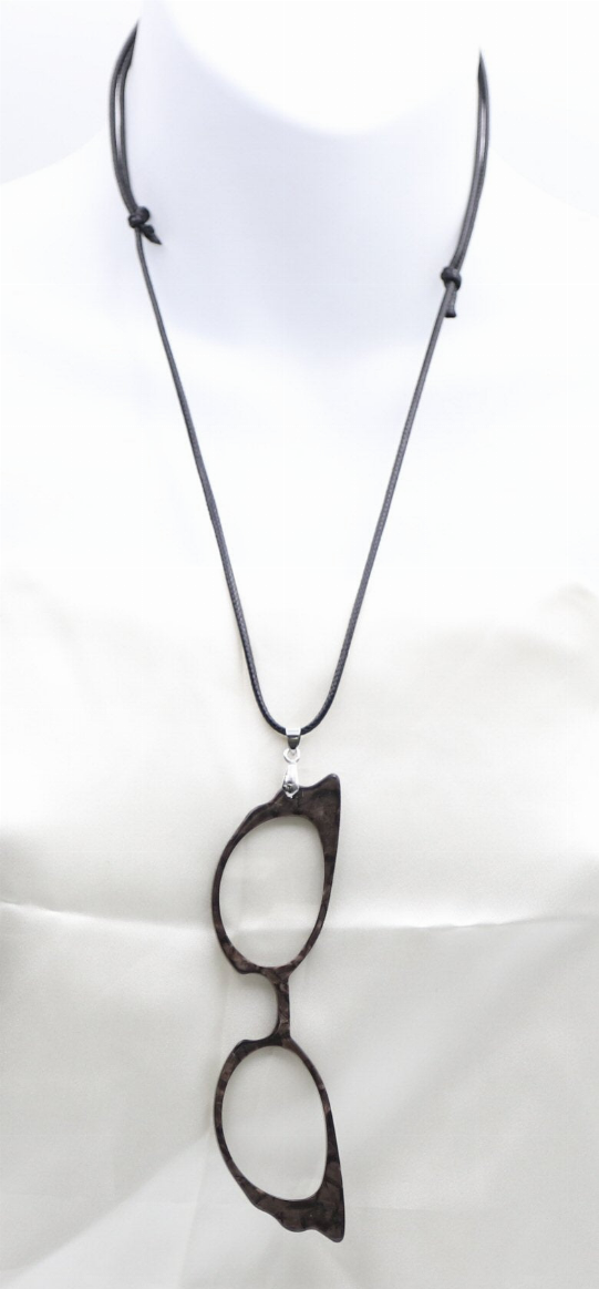 Brown reading glasses on a chain, oval frame with clear lenses