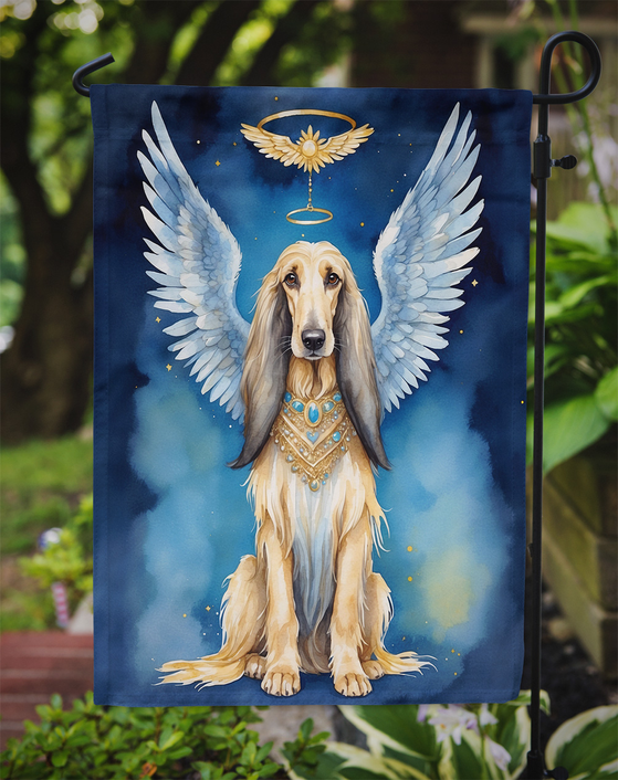 Garden flag with Afghan hound angel, gold halo, and pale blue wings