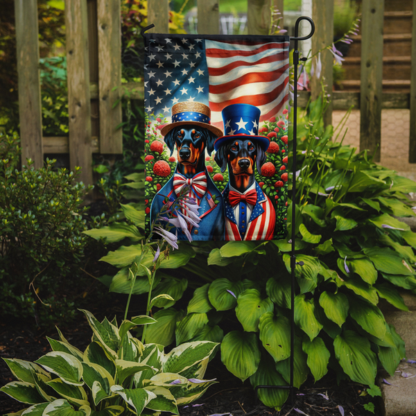 Patriotic Doberman garden flag with two dogs in top hats and bow ties