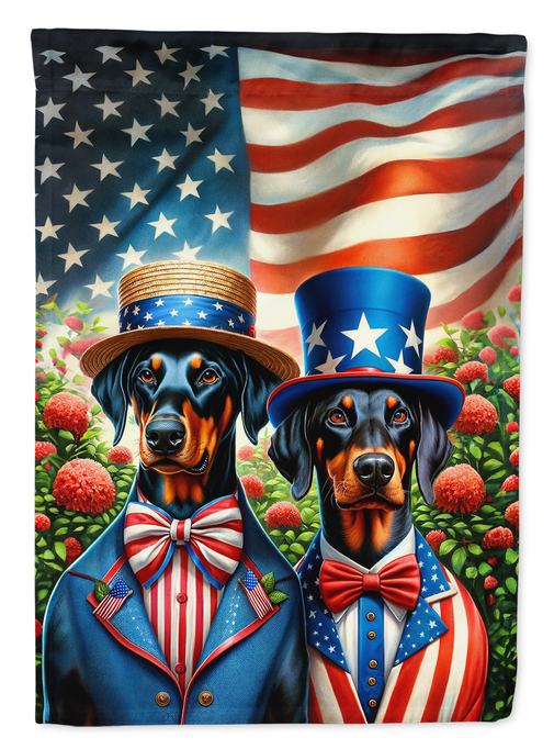 Patriotic Doberman garden flag showing two dogs in top hats with flowers