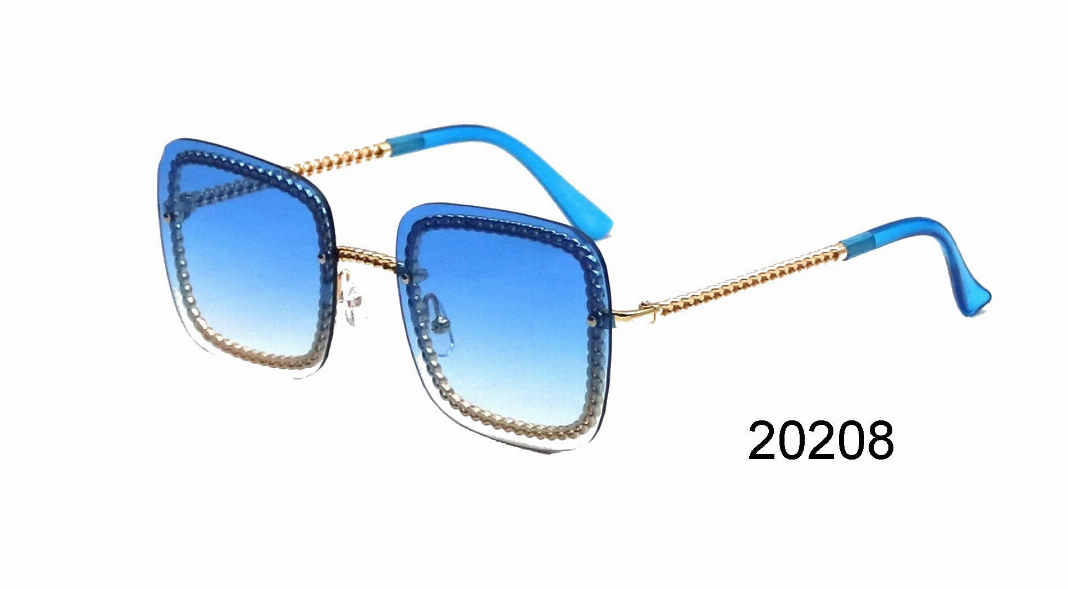 Square cat-eye sunglasses with blue tinted lenses, blue frames, and gold-tone arms.