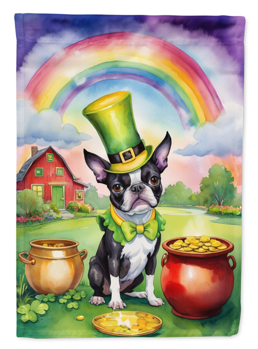 Garden flag featuring a Boston terrier in a green hat, rainbow, cauldron, and coins
