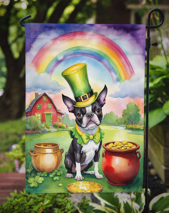 Boston terrier St Patrick's garden flag with rainbow, green hat, pots, and coins