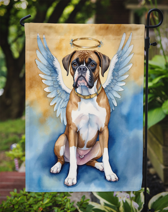 Boxer dog angel garden flag with white wings and halo on blue gradient