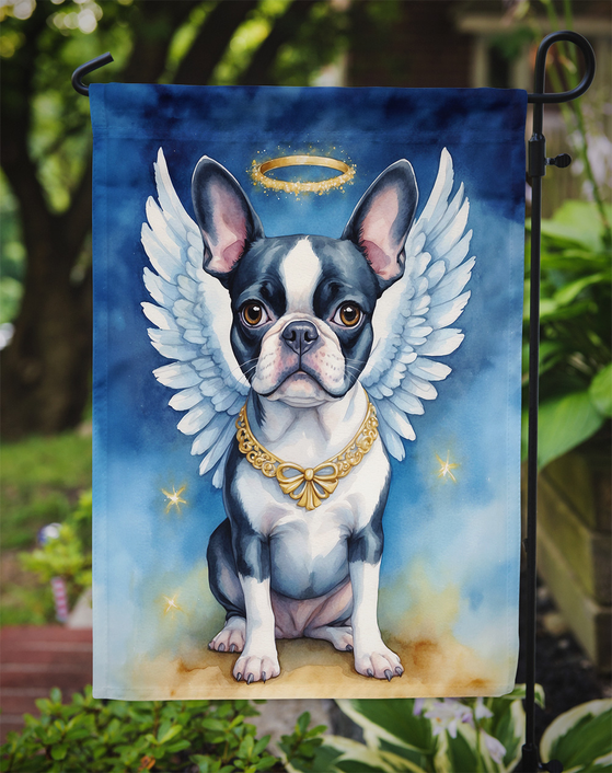 Boston terrier garden flag with angel wings, gold collar, blue watercolor background