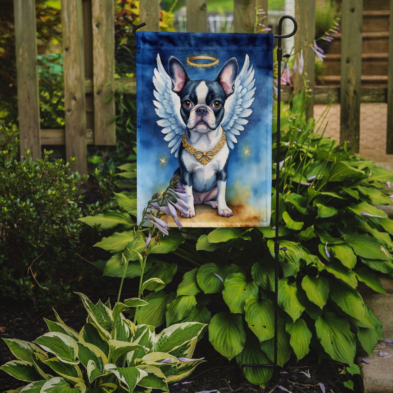 Boston terrier garden flag on yard stake, angel wings and gold collar artwork