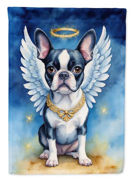 Boston terrier garden flag close-up, white wings with gold halo and gold collar