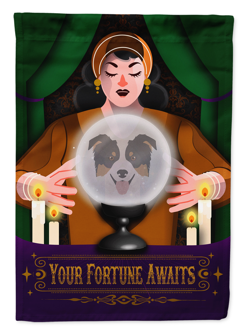 Halloween garden flag featuring a witch, crystal ball with border collies, and “Your Fortune Awaits”