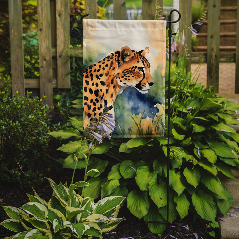 Cheetah garden flag on stake, watercolor cheetah standing near flowers