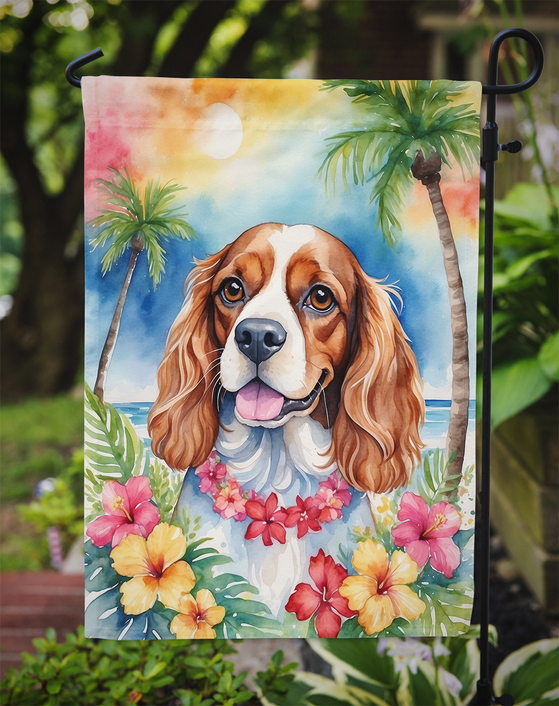 Luau garden flag with brown-and-white spaniel surrounded by tropical flowers
