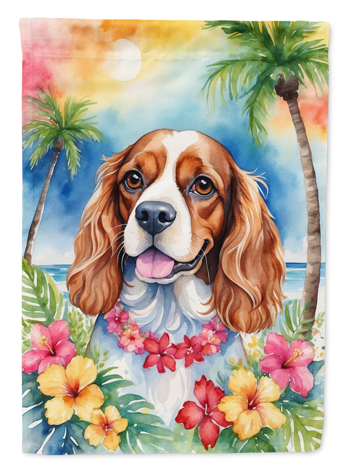 Luau garden flag close-up: brown-and-white spaniel with tropical palms and flowers