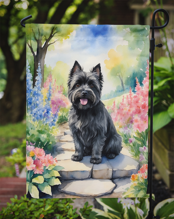 Black cairn terrier garden flag with watercolor spring path and blossoms