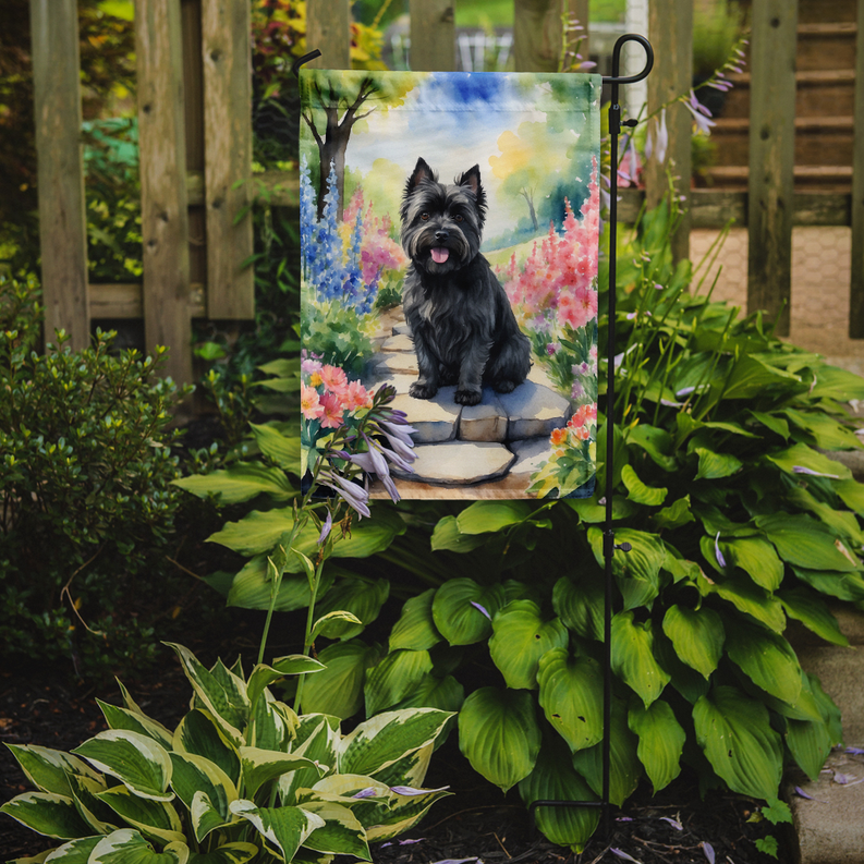 Cairn terrier garden flag on metal stake with spring path watercolor scene