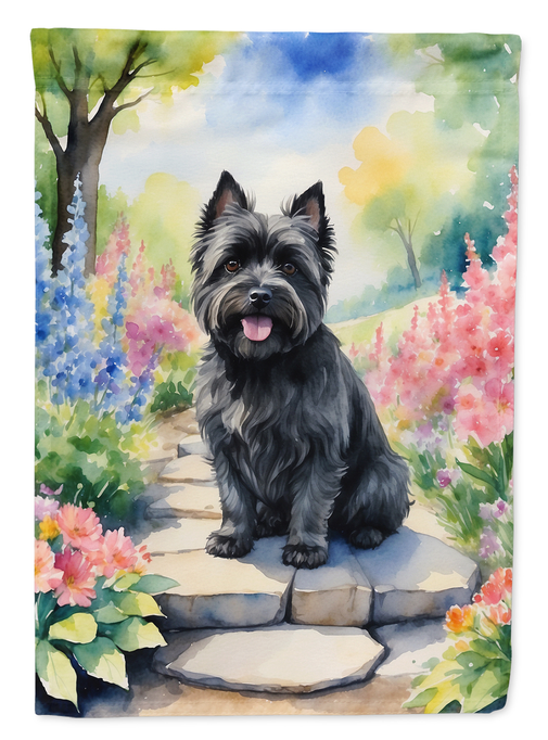 Cairn terrier garden flag close-up with watercolor spring path flowers