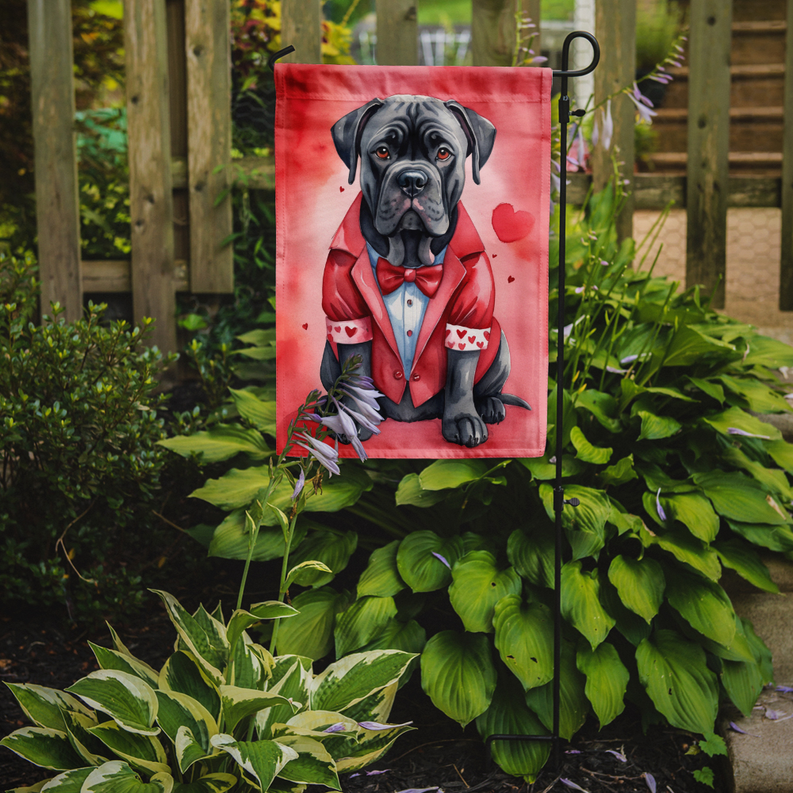 Red valentine dog garden flag with gray cane corso in red bow tie