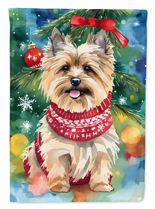 Christmas garden flag close-up of Cairn terrier in red festive sweater and holiday hat