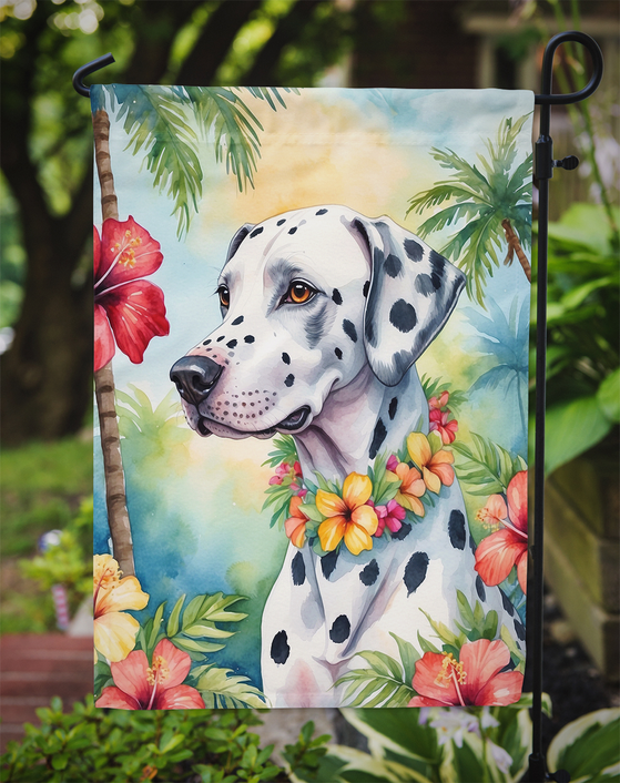 Dalmatian garden flag on a stake, tropical floral print with palm leaves