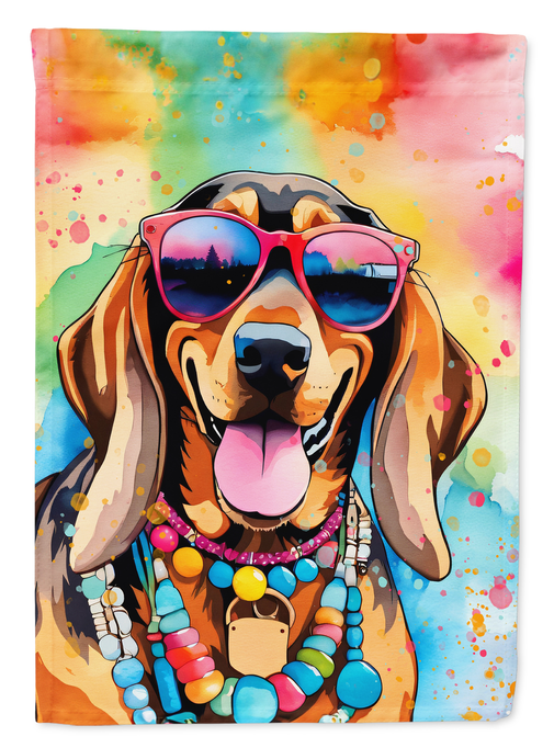 Doberman dog garden flag with rainbow sunglasses, bead necklace, and watercolor splash