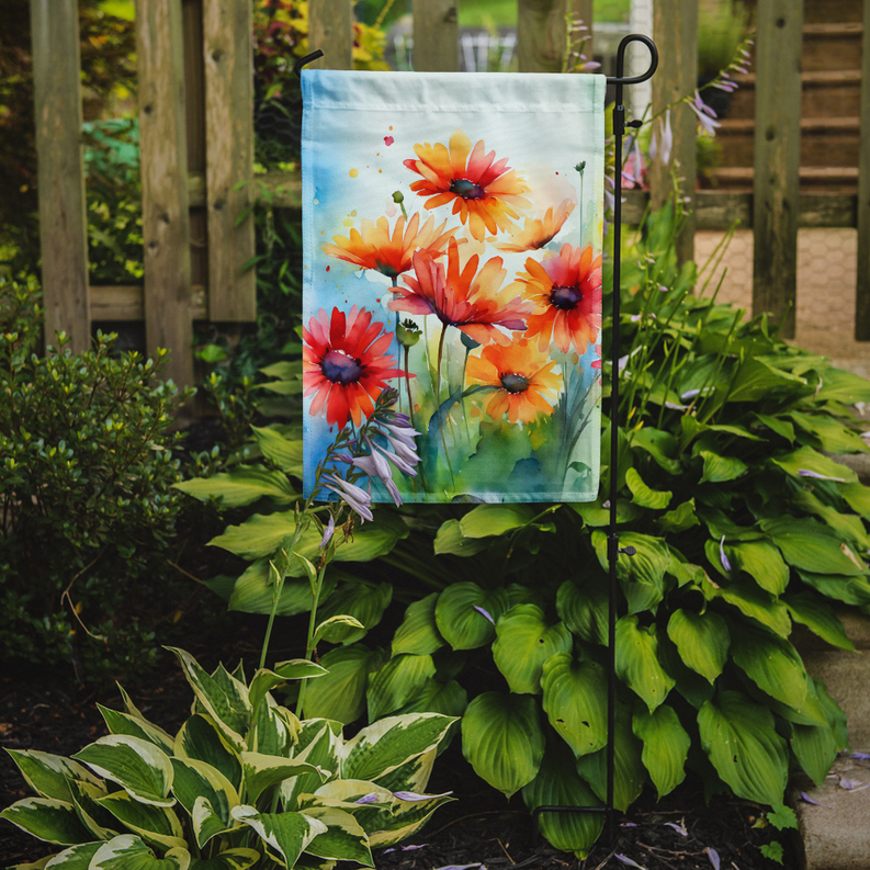 Gerbera daisy garden flag on a stand with red, orange, and blue watercolor flowers