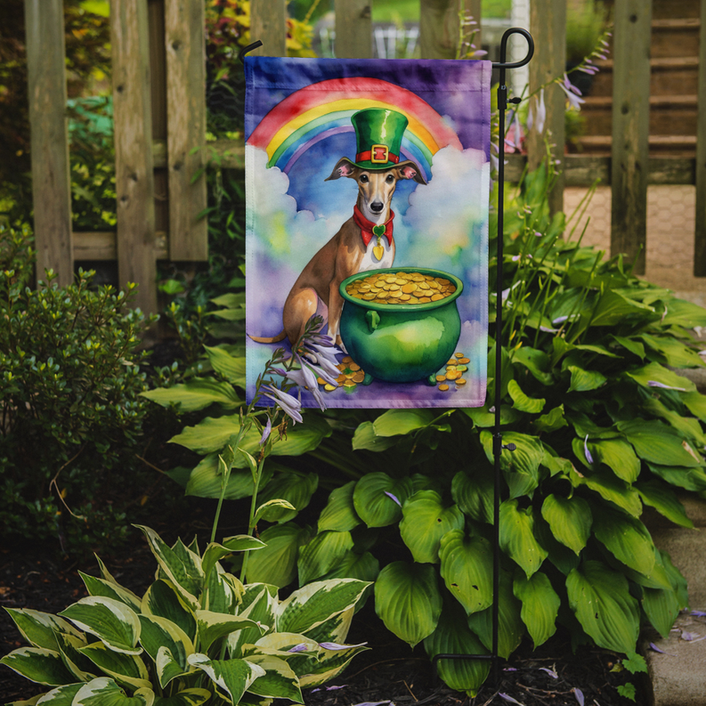St. Patrick’s Day garden flag on yard stake with greyhound holding gold coins and rainbow