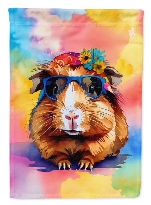 Guinea pig garden flag with watercolor portrait, flower crown, and blue sunglasses