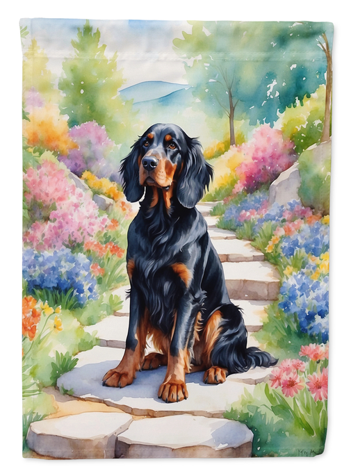 Garden flag showing Gordon setter on stone steps with spring blooms and path