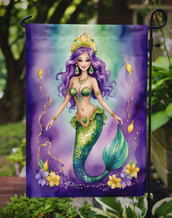 Mermaid garden flag on a black stand, crowned purple mermaid holding flowing tail