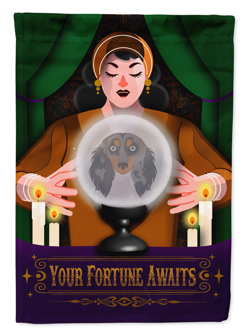 Halloween garden flag with fortune teller holding crystal ball over dachshund head, “Your Fortune Awaits”