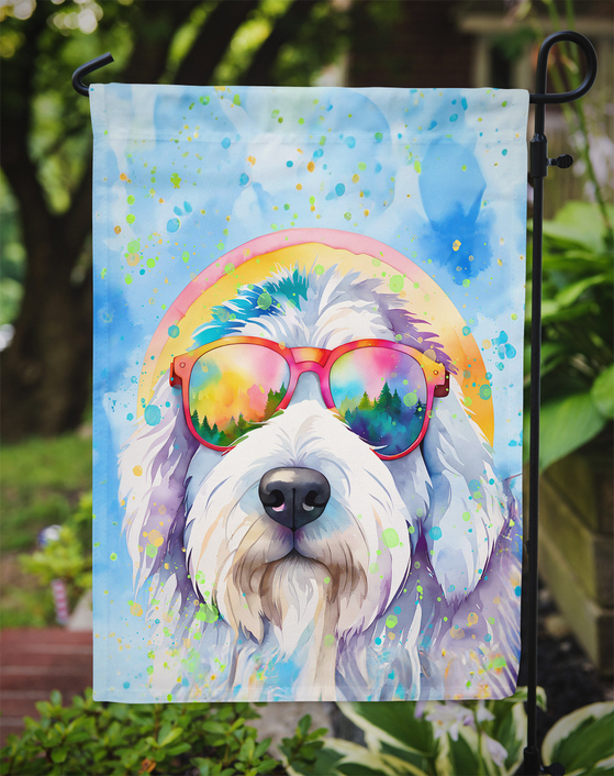 Old English Sheepdog garden flag, blue watercolor style with rainbow sunglasses dog