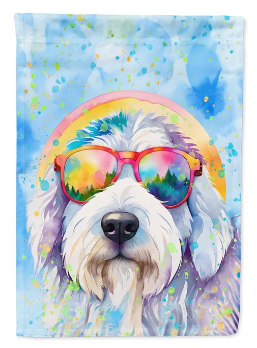 Old English Sheepdog garden flag close-up, bright rainbow sunglasses on blue splatter art