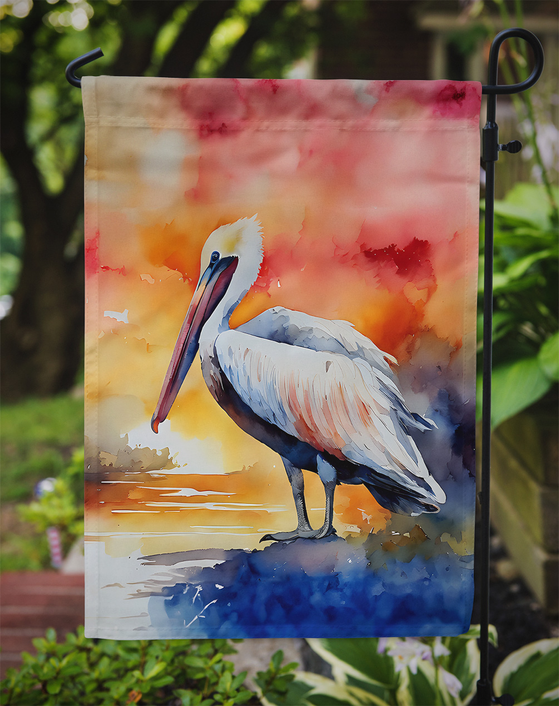 Pelican garden flag with red-orange watercolor splash background and top hanging pocket.