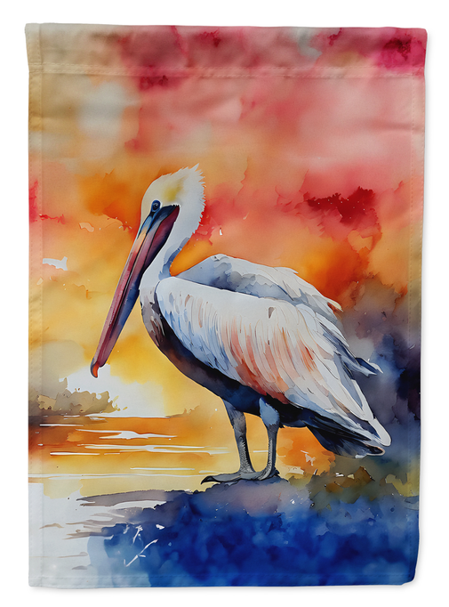 Pelican garden flag close-up in red-orange watercolor with standing bird.