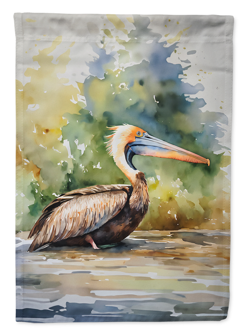Pelican garden flag close-up with multicolor watercolor sky and shoreline scene.