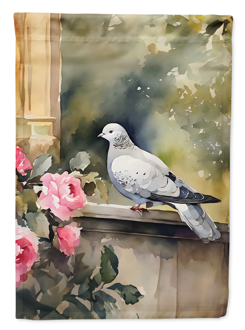 Pigeon garden flag featuring a white bird perched on a ledge with pink flowers