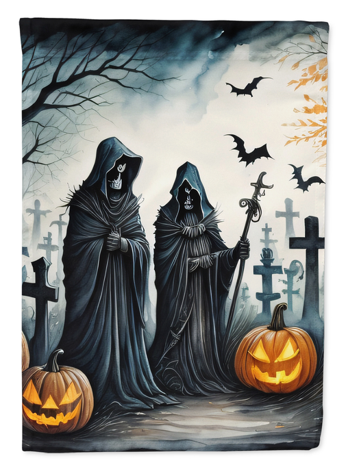 Grim reaper Halloween garden flag with two cloaked figures, bats, crosses, and pumpkins
