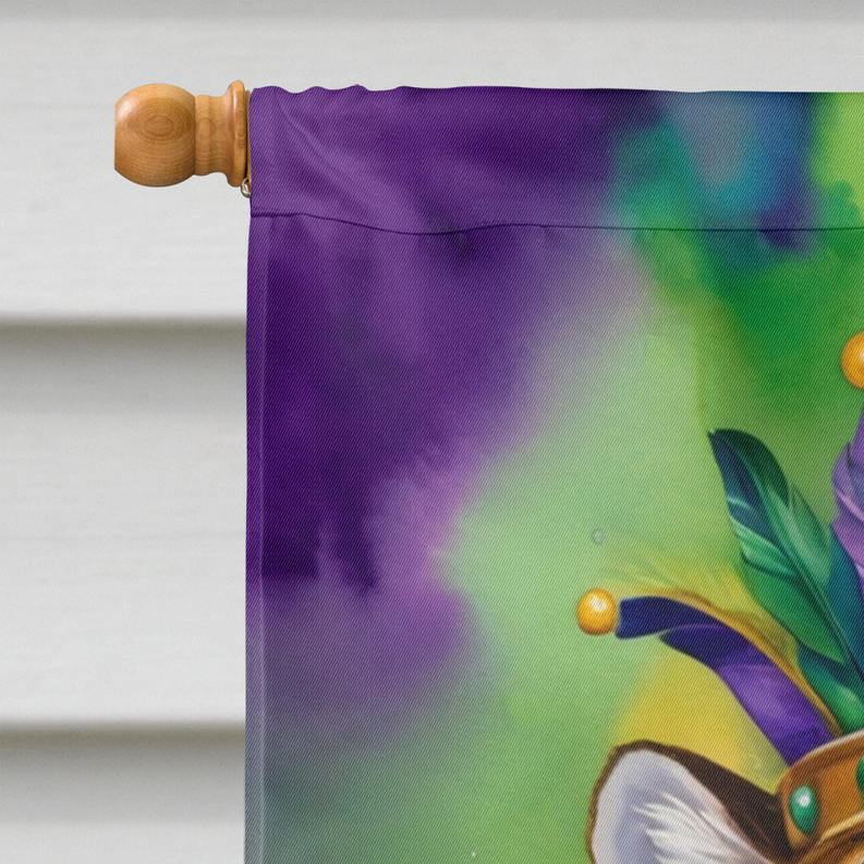 Purple and green tiger Mardi Gras house flag fabric clipped to hanging rod