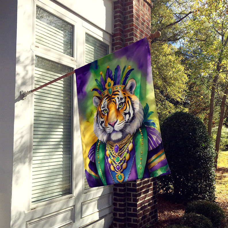 Tiger Mardi Gras house flag hanging on porch with crowned tiger artwork