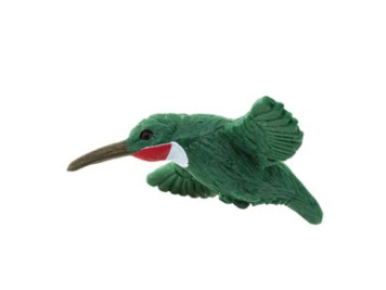 Green hummingbird figurine in side profile with red-and-white flower near beak