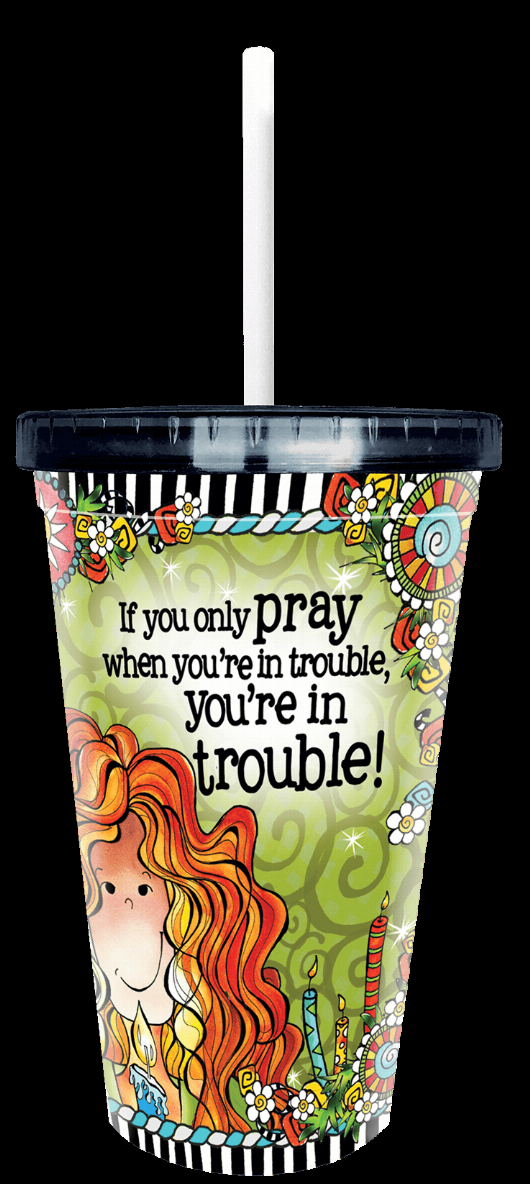 Lidded tumbler cup with straw, colorful prayer quote and woman face illustration