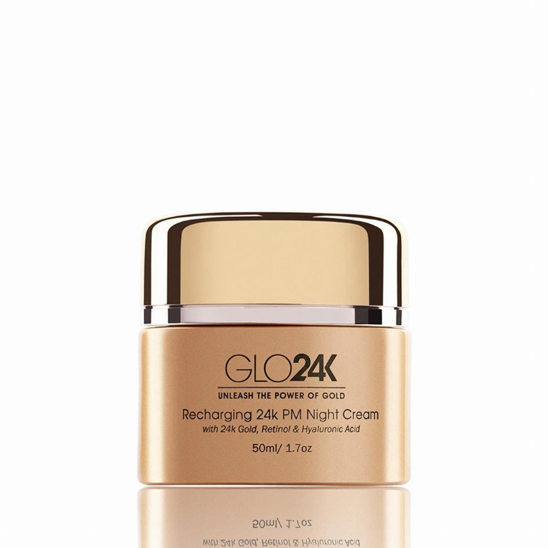 Gold GLO24 night cream jar with black-lined cap