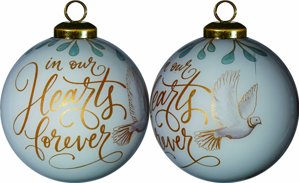Hand-painted glass ornament with 'In Our Hearts Forever' script and dove, gold loop top
