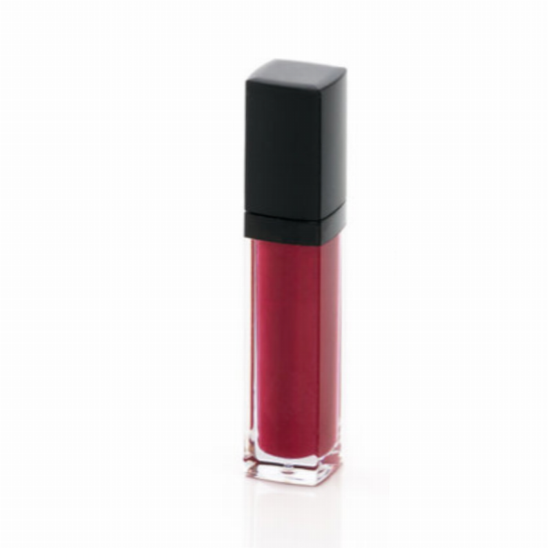 Aurora lip gloss in clear glass tube with black cap, deep red Berry Dawn shade