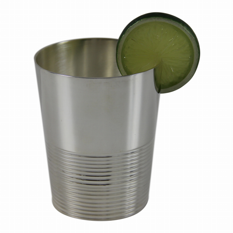 Silver metal cup with ribbed band and mint green base insert