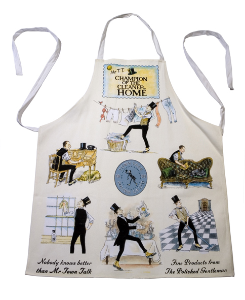 Town Talk polishing apron, white fabric with illustrated gentleman and clock print