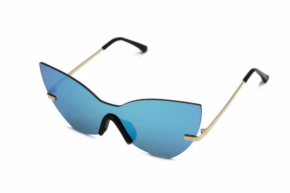 Blue mirrored sunglasses with black frame and gold-tone arms, cat-eye style
