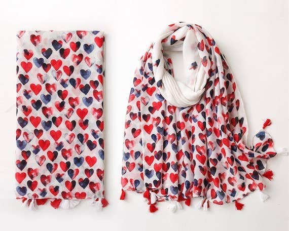 Lightweight heart-print voile scarf with tassel fringe, red and navy hearts on white