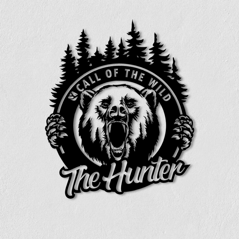 Metal wall art logo with black bear head, pine trees, 'Call of the Wild' and 'The Hunter'