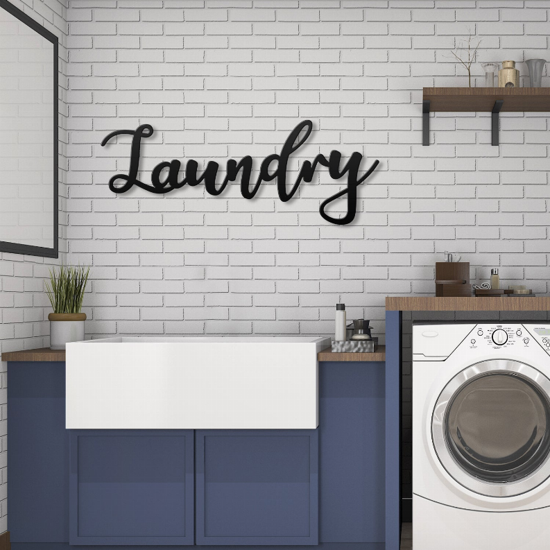 Laundry metal wall art, black cursive 'Laundry' wall decor sign
